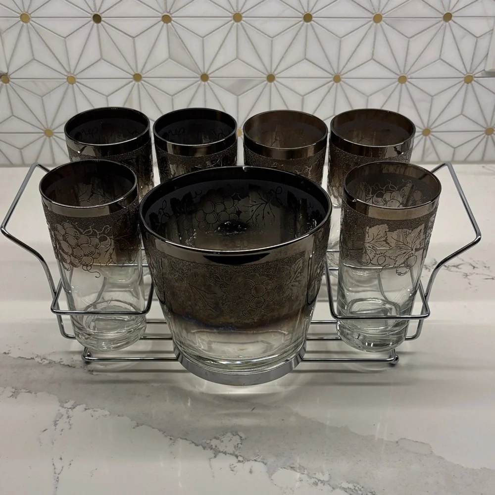 MCM Dorothy Thorpe Grape Pattern Silver Fade Ice Bucket & Six 12 Oz. Tumblers